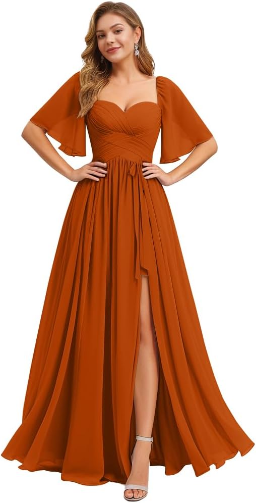 Women's Chiffon Bridesmaid Dresses for Wedding Flutter Sleeves Ruched A Line Long Formal Dress with Slit