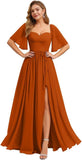 Women's Chiffon Bridesmaid Dresses for Wedding Flutter Sleeves Ruched A Line Long Formal Dress with Slit