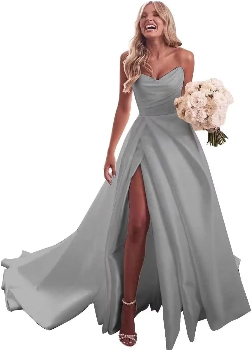 Trägerloses Ballkleid, langes Ballkleid, Satin-Brautkleid für die Braut, A-Linie, formelle Abendkleider mit Schlitz 