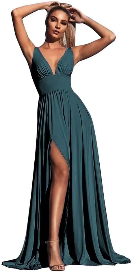 V-Ausschnitt Satin Brautjungfernkleider für Hochzeiten Geteilte Ballkleider Lange A-Linie Abendkleider für Damen 