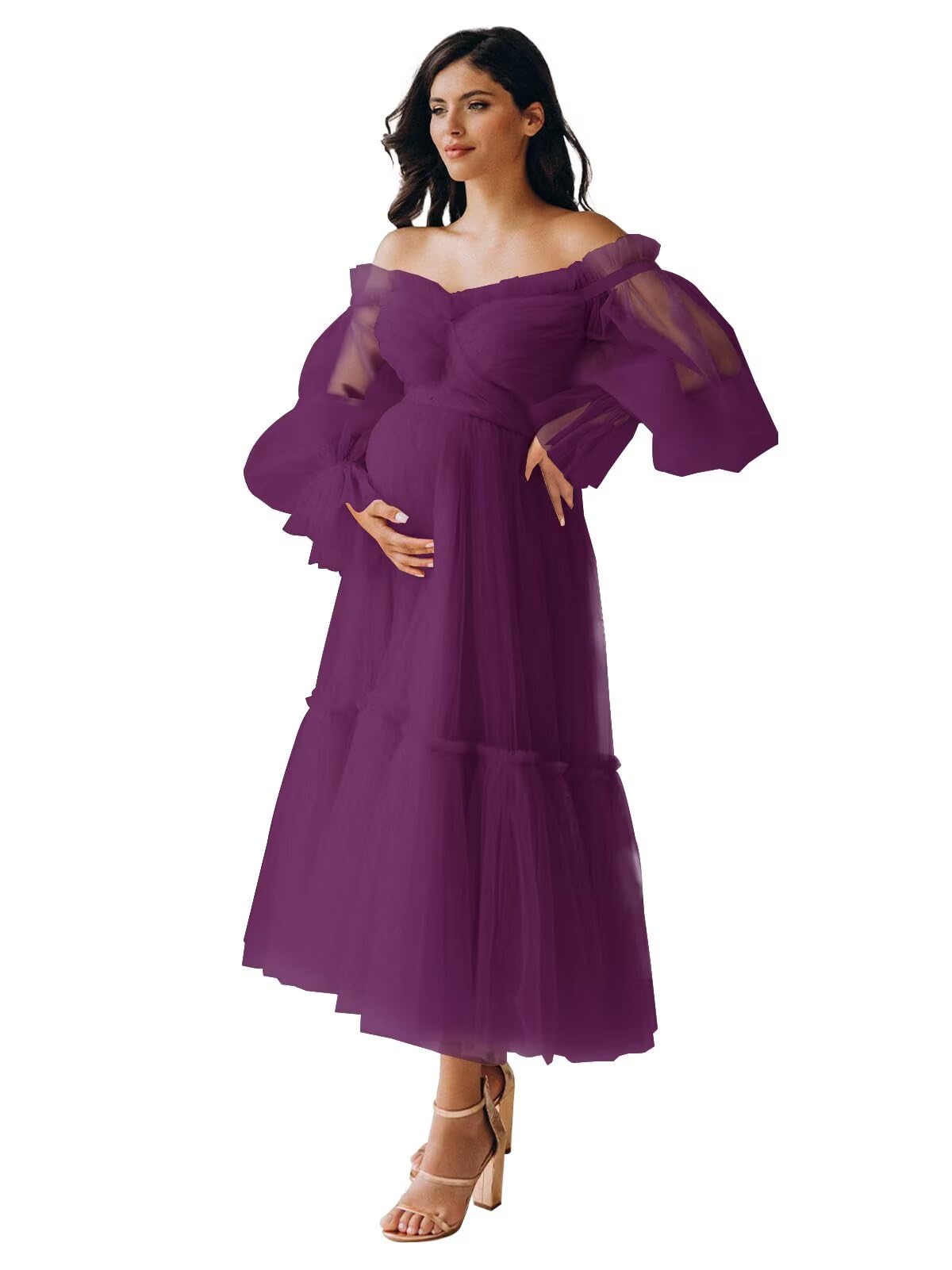 Eightale Tulle Tea Length Maternity Dresses for Photo Shoot Long Sleeve Pregnancy Gown for Baby Shower