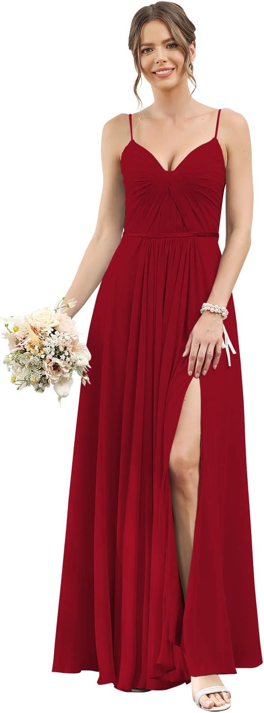 Vestidos de dama de honor largos con tirantes finos y bolsillos, plisados, formales, de noche, con abertura 
