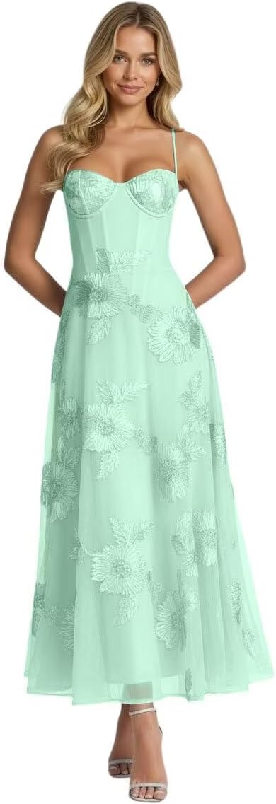 Jacquard Tulle Prom Dresses Spaghetti Straps Formal Evening Party Dress Tea Length