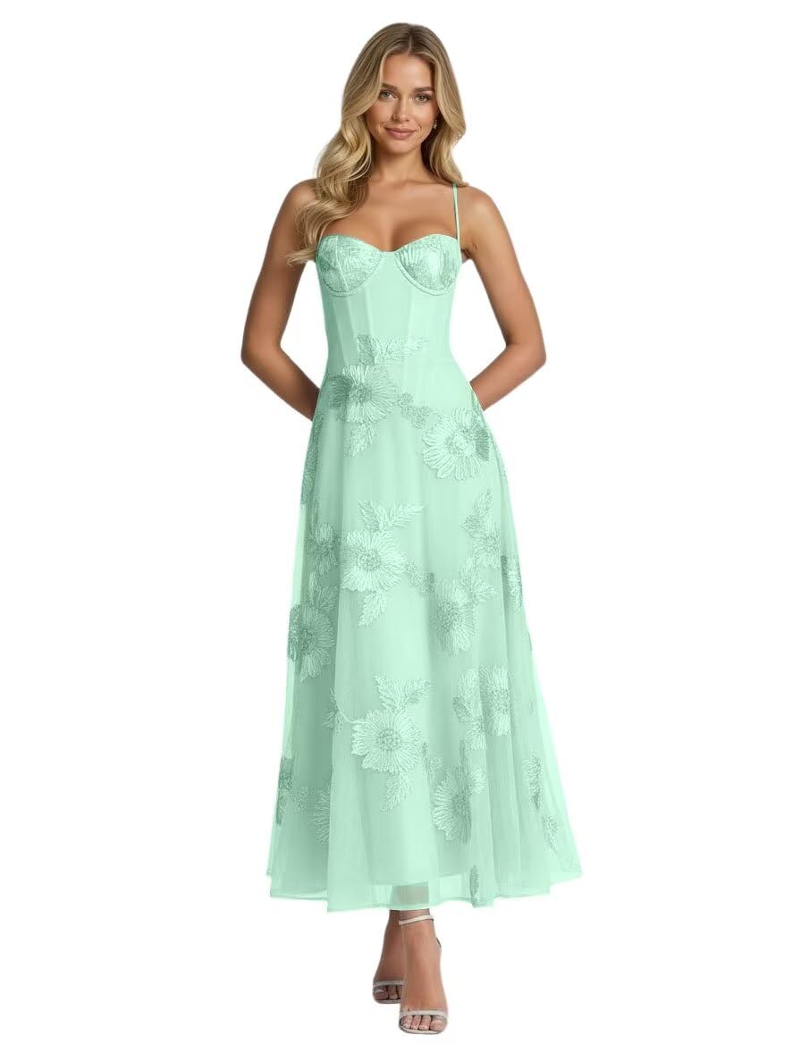 Jacquard Tulle Prom Dresses Spaghetti Straps Formal Evening Party Dress Tea Length