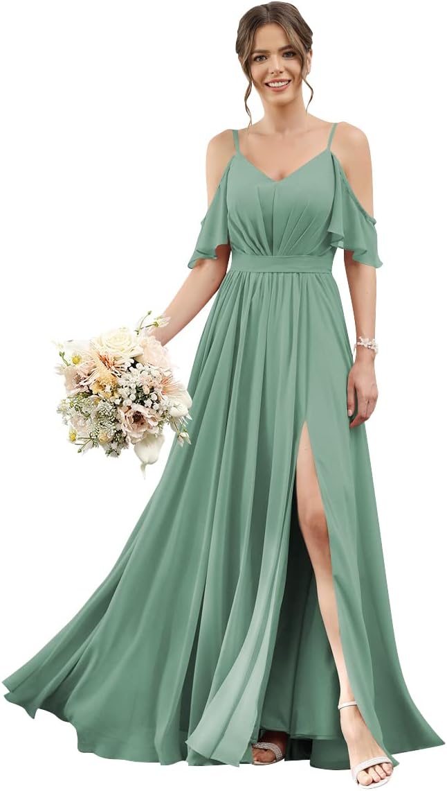 Women's Cold Shoulder Ruffle Sleeves Bridesmaid Dresses for Women 2025 Pleated Chiffon Formal Dresses with Slit