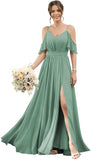 Women's Cold Shoulder Ruffle Sleeves Bridesmaid Dresses for Women 2025 Pleated Chiffon Formal Dresses with Slit