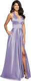 Womens Satin Prom Dresses Long with Slit Halter Evening Formal Gowns for Women with Pockets