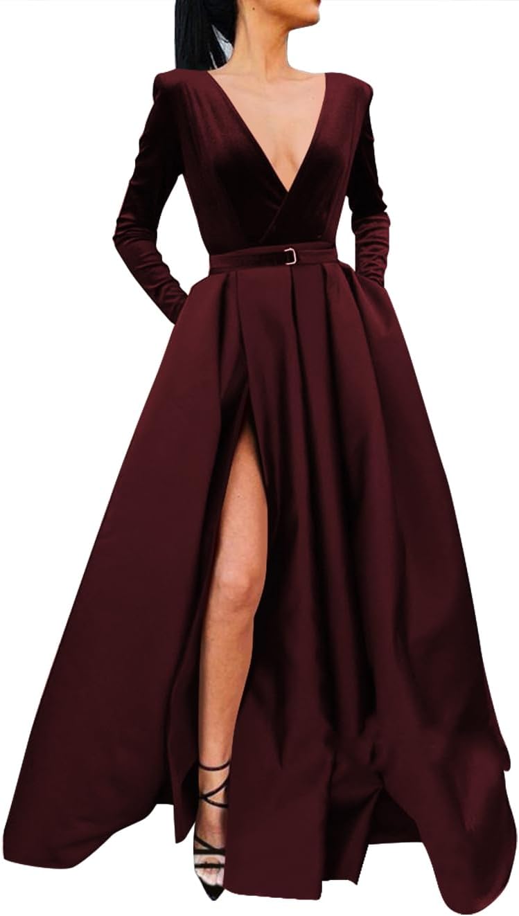 Vestido de fiesta de satén con lentejuelas brillantes para mujer, con bolsillos, manga larga y abertura. 