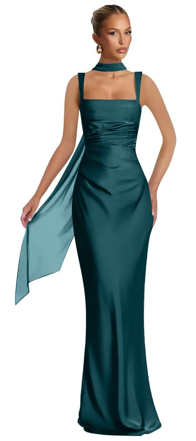 Mermaid Bridesmaid Dresses with Scarf 2027 Long Satin Spaghetti Straps Ruched Formal Evening Party Dress for Women