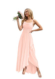 Spaghetti Strap Chiffon Bridesmaid Dresses for Women Long Ruched A-Line Cowl Neck Formal Evening Gowns with Slit