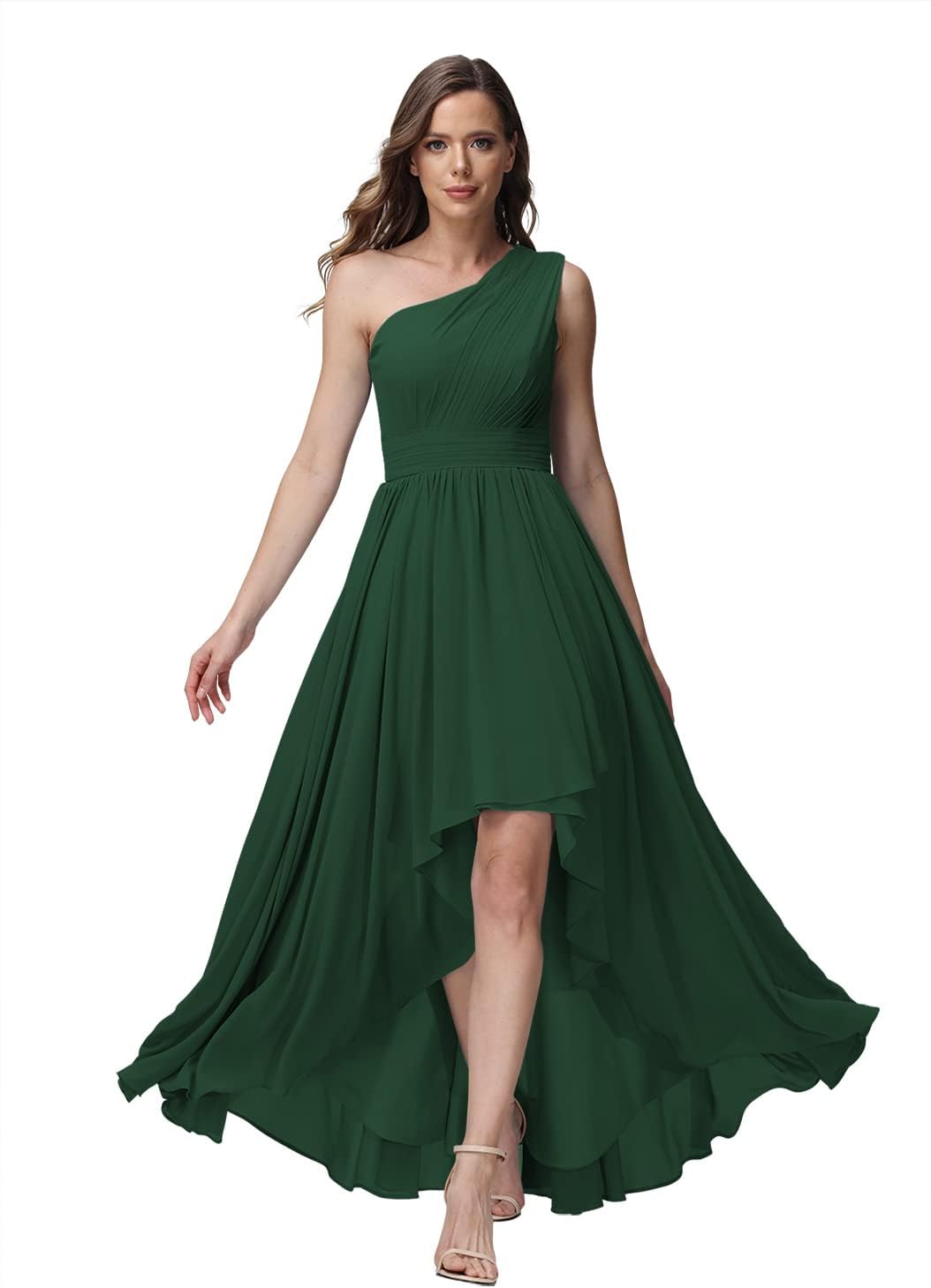 Vestido de dama de honor de un solo hombro para mujer, vestido formal de noche de gasa con bolsillos y corte alto bajo