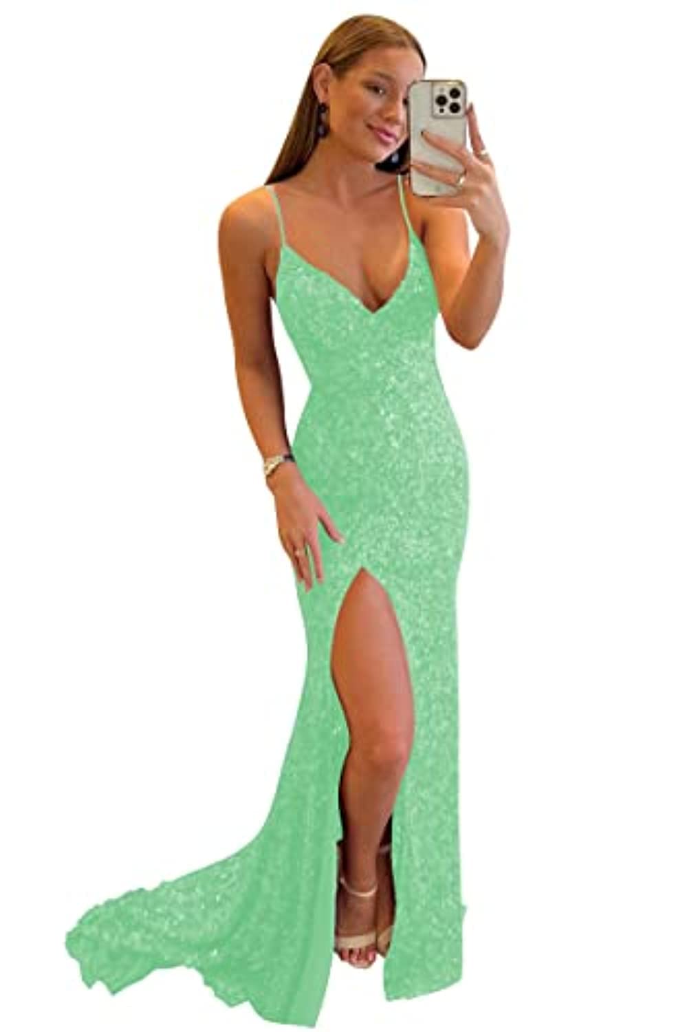 Women's Spaghetti Straps Sequin Prom Dresses Mermaid Sleeveless Double V-Neck Sparkle Evening Dress with Slit
