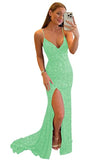 Women's Spaghetti Straps Sequin Prom Dresses Mermaid Sleeveless Double V-Neck Sparkle Evening Dress with Slit