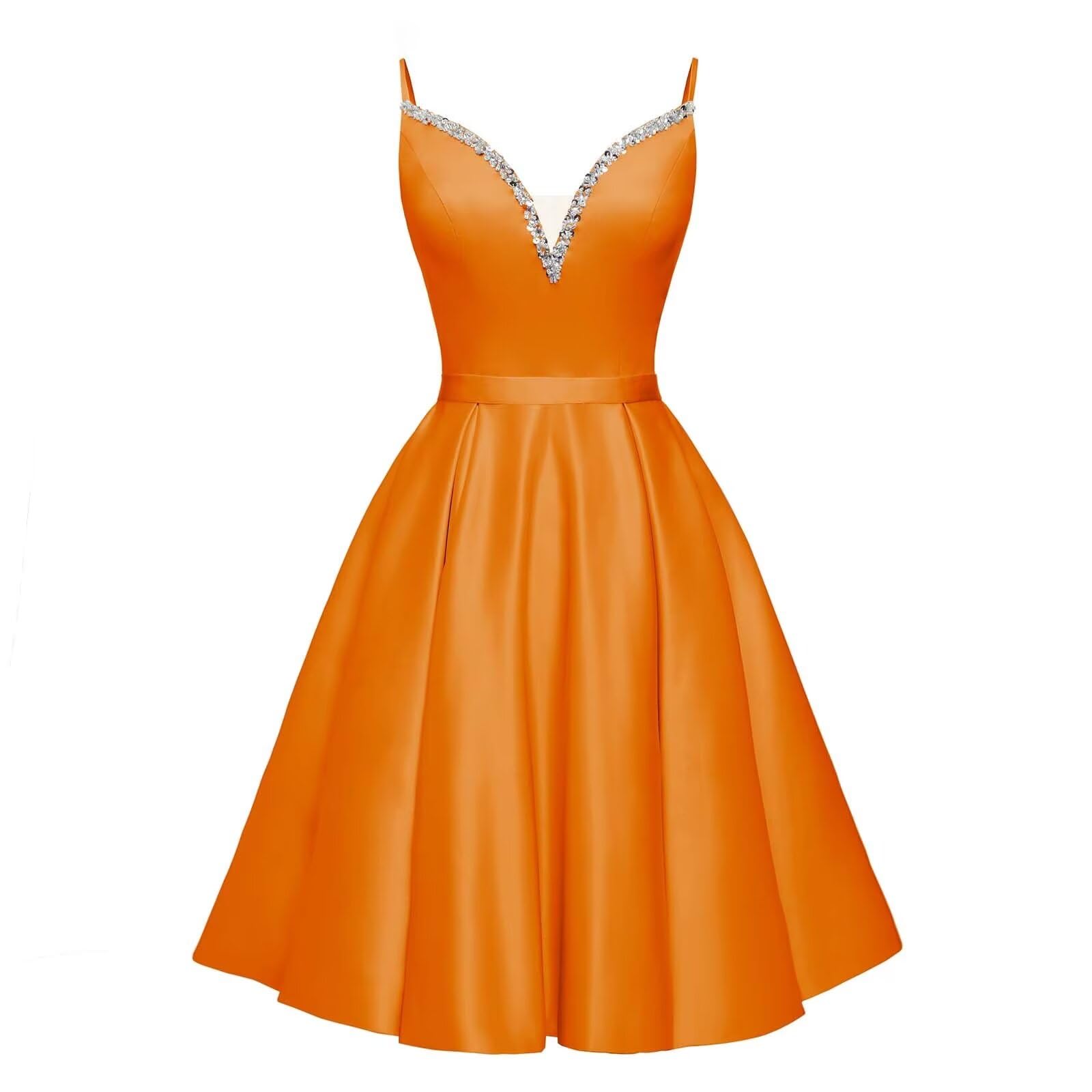 Spaghetti Straps Satin Homecoming Dresses for Teens V-Neck Short Prom Dress A-Line Beaded Cocktail Party Gowns