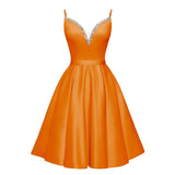 Spaghetti Straps Satin Homecoming Dresses for Teens V-Neck Short Prom Dress A-Line Beaded Cocktail Party Gowns