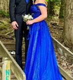 Off The Shoulder Tulle Prom Dress with Laces Applique A-line Slit Long Ball Gowns Glitter Formal Evening Dress