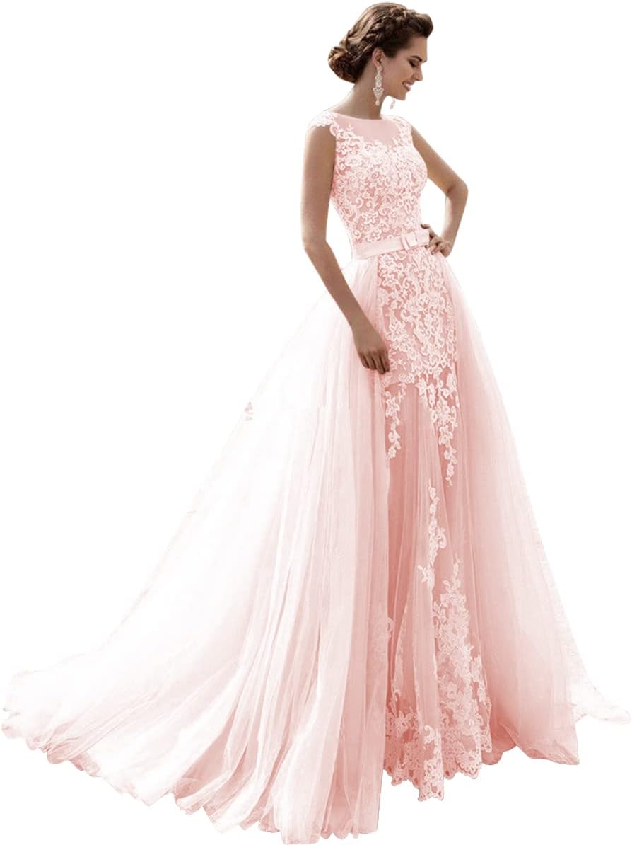 Mermaid Lace Cap Wedding Dress with Detachable Tulle Train for Bride Evening Prom Gown