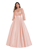 Satin Mother of Bride Dresses Long for Women Sequin Long Sleeve Evening Gown with Pockets