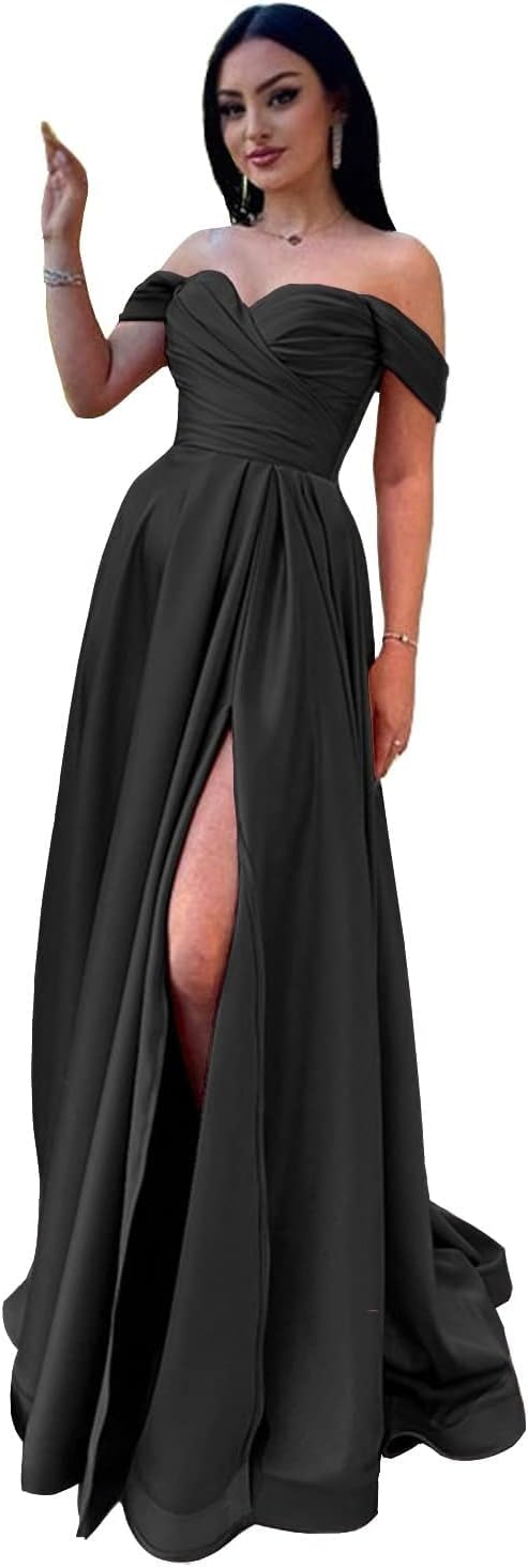 Schulterfreies Satin-Ballkleid, herzförmiger Ausschnitt, formelles Kleid, A-Linie, Abendkleid mit Schlitz 