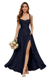 Chiffon Bridesmaid Dresses for Women Long Spaghetti Straps A-line Pleated Formal Evening Party Gowns with Pockets