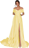 Women's Off Shoulder Long Prom Dresses with Slit 2025 Satin A-Line Sweetheart Corset Formal Evening Dresses with Pockets