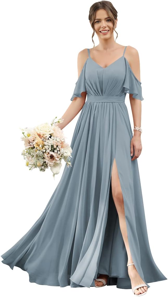 Women's Cold Shoulder Ruffle Sleeves Bridesmaid Dresses for Women 2025 Pleated Chiffon Formal Dresses with Slit