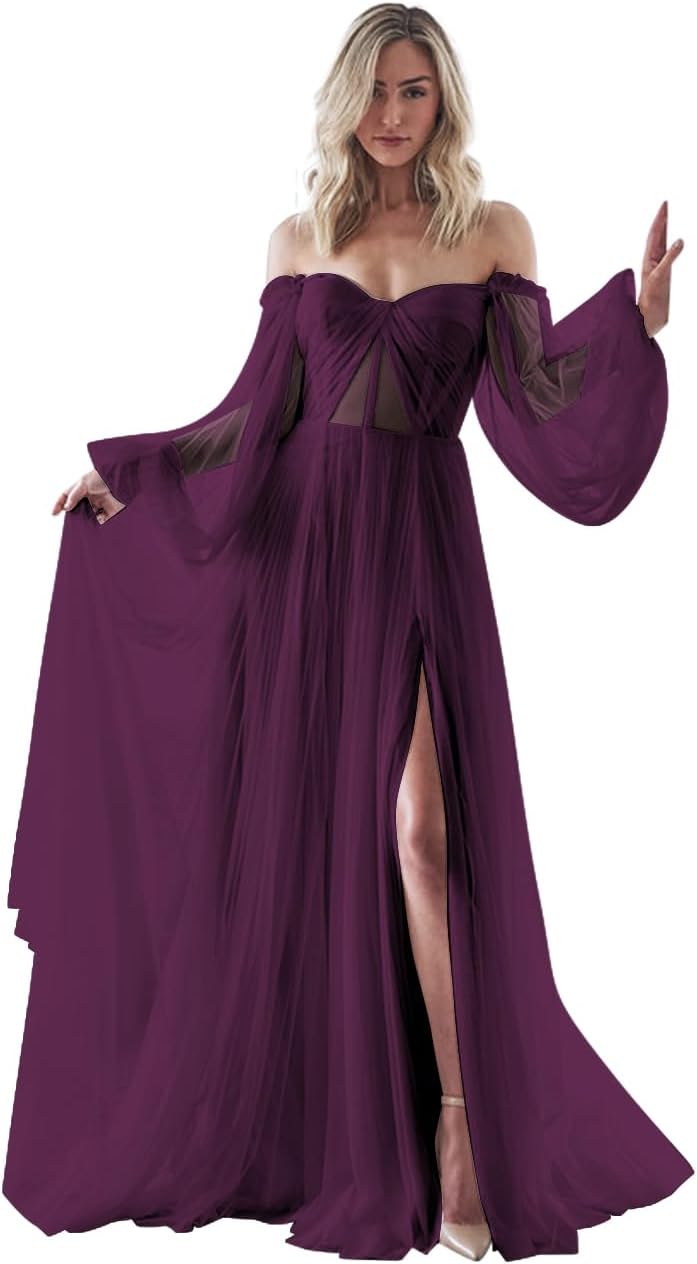 Women's Puffy Long Sleeve Prom Dresses with Slit Off Shoulder Tulle Wedding Formal Evening Gowns