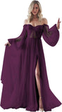 Women's Puffy Long Sleeve Prom Dresses with Slit Off Shoulder Tulle Wedding Formal Evening Gowns