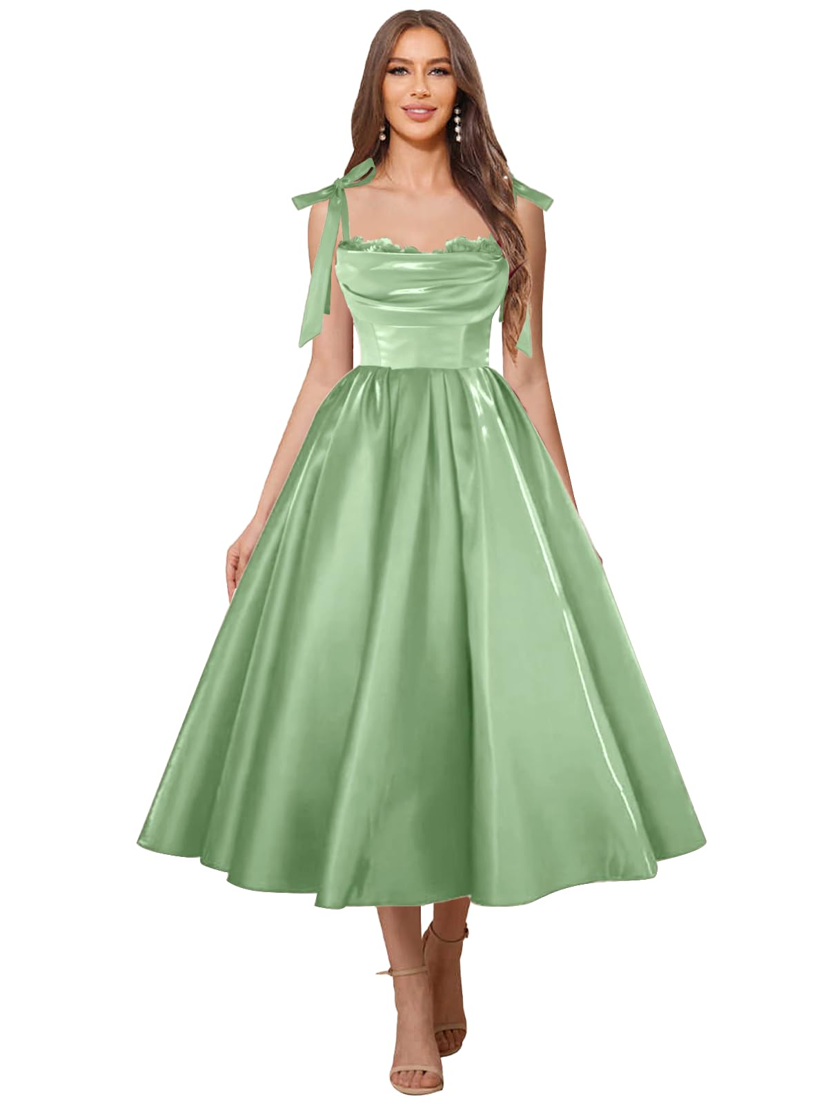Satin Prom Dresses for Women Spaghetti Straps Corset A-Line Ball Formal Gowns Tea Length with Pockets