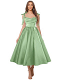 Satin Prom Dresses for Women Spaghetti Straps Corset A-Line Ball Formal Gowns Tea Length with Pockets