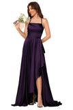 Women's Long Satin Bridesmaid Dresses Spaghetti Strap Halter Formal Evening Gown Ruffle High Low Wedding Guest Dress