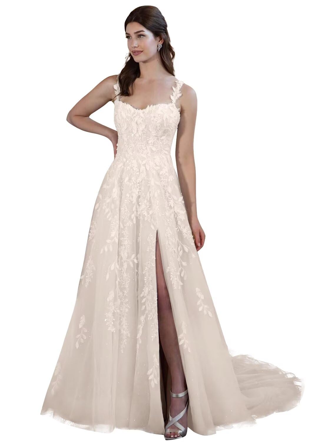 Kingbridal Gowns Lace Appliques Wedding Dresses for Bride Long V Neck Tulle Chiffon A-line Sleeveless Bridal Ball Gown for Women