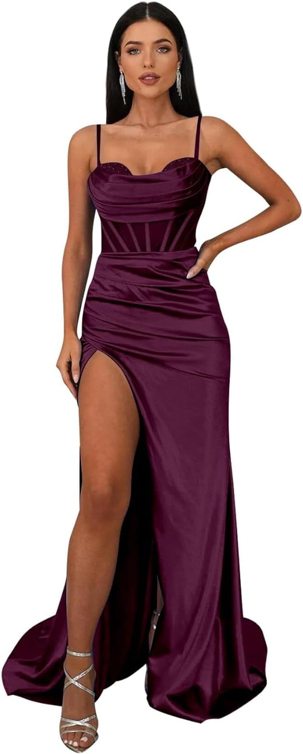 Ballkleider mit Wasserfallausschnitt, langen Spaghettiträgern, Illusion-Meerjungfrauen-Korsett, formelles Abendkleid mit Schlitz 