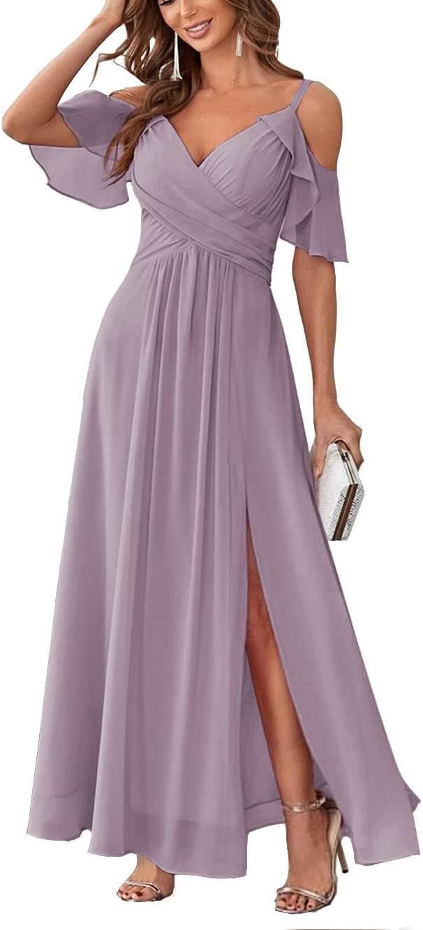 Women's Cold Shoulder Bridesmaid Dresses Long Summer Side Slit Chiffon Formal Evening Gown with Pockets