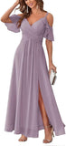 Women's Cold Shoulder Bridesmaid Dresses Long Summer Side Slit Chiffon Formal Evening Gown with Pockets
