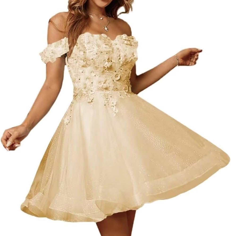 Sparkly Tulle Homecoming Dresses for Teens 2027 3D Flowers Cocktail Gowns Off Shoulder Short Prom Dresses
