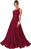 One Shoulder Bridesmaid Dresses for Women Satin Pleated A Line Long Formal Prom Dress with Pockets