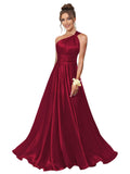 One Shoulder Bridesmaid Dresses for Women Satin Pleated A Line Long Formal Prom Dress with Pockets