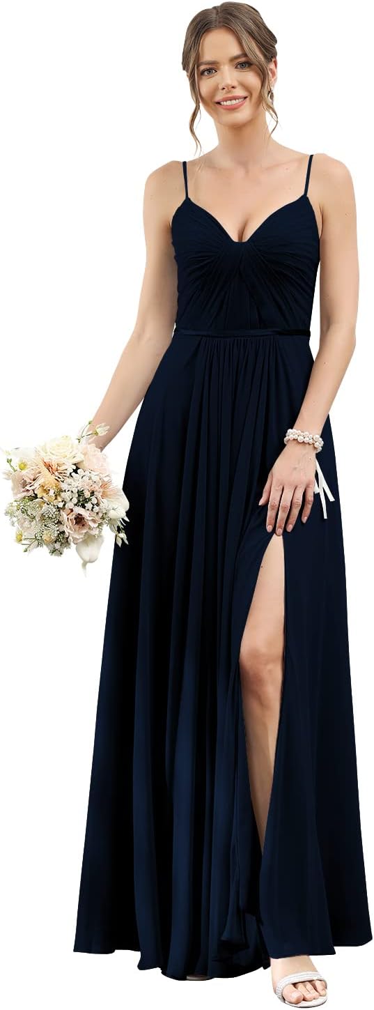 Vestidos de dama de honor largos con tirantes finos y bolsillos, plisados, formales, de noche, con abertura 