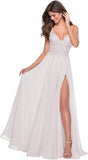 Women's Lace Appliqued Chiffon Prom Dresses Long with Slit Spaghetti Straps V Neck Formal Party Gowns