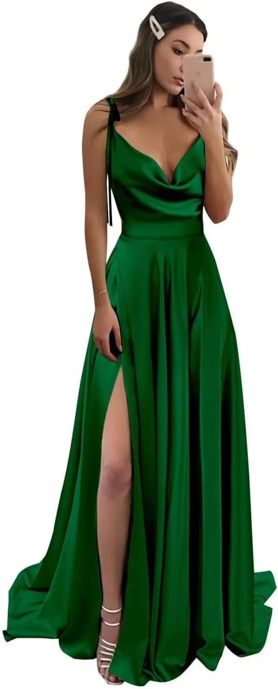 Vestidos de fiesta largos de satén con abertura alta para mujer, 2024, tirantes finos ajustables, vestidos de fiesta formales con bolsillos 
