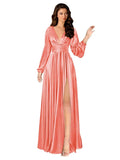 Kingbridal Gowns Long Sleeve Satin Bridesmaid Dresses for Women Long A-Line V-Neck Pleated Formal Evening Party Ball Gown with Slit