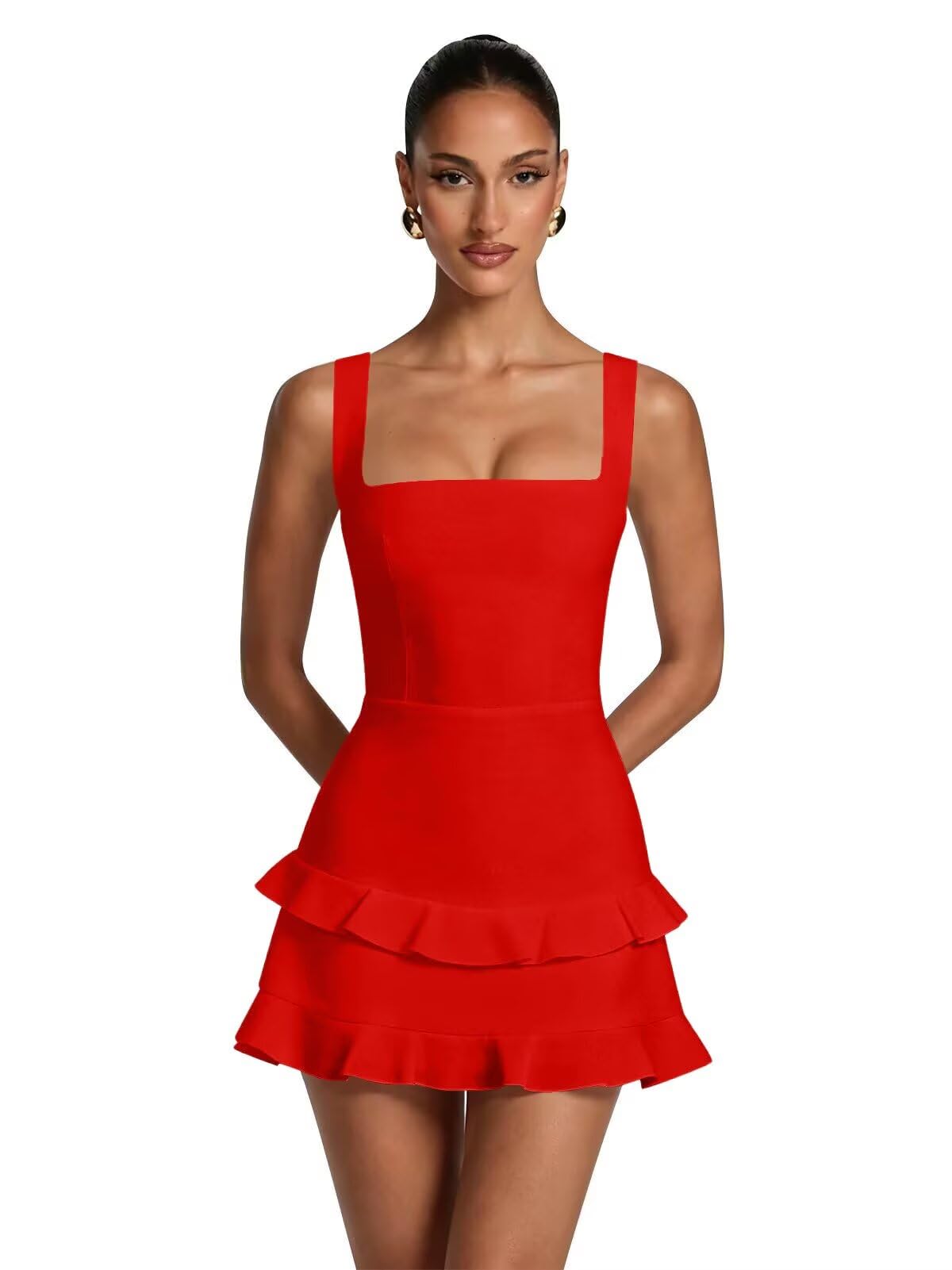 Spaghetti Straps Satin Homecoming Dresses for Teens 2026 Square Neck Tiered Ruffles Short Prom Dress