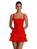 Spaghetti Straps Satin Homecoming Dresses for Teens 2026 Square Neck Tiered Ruffles Short Prom Dress