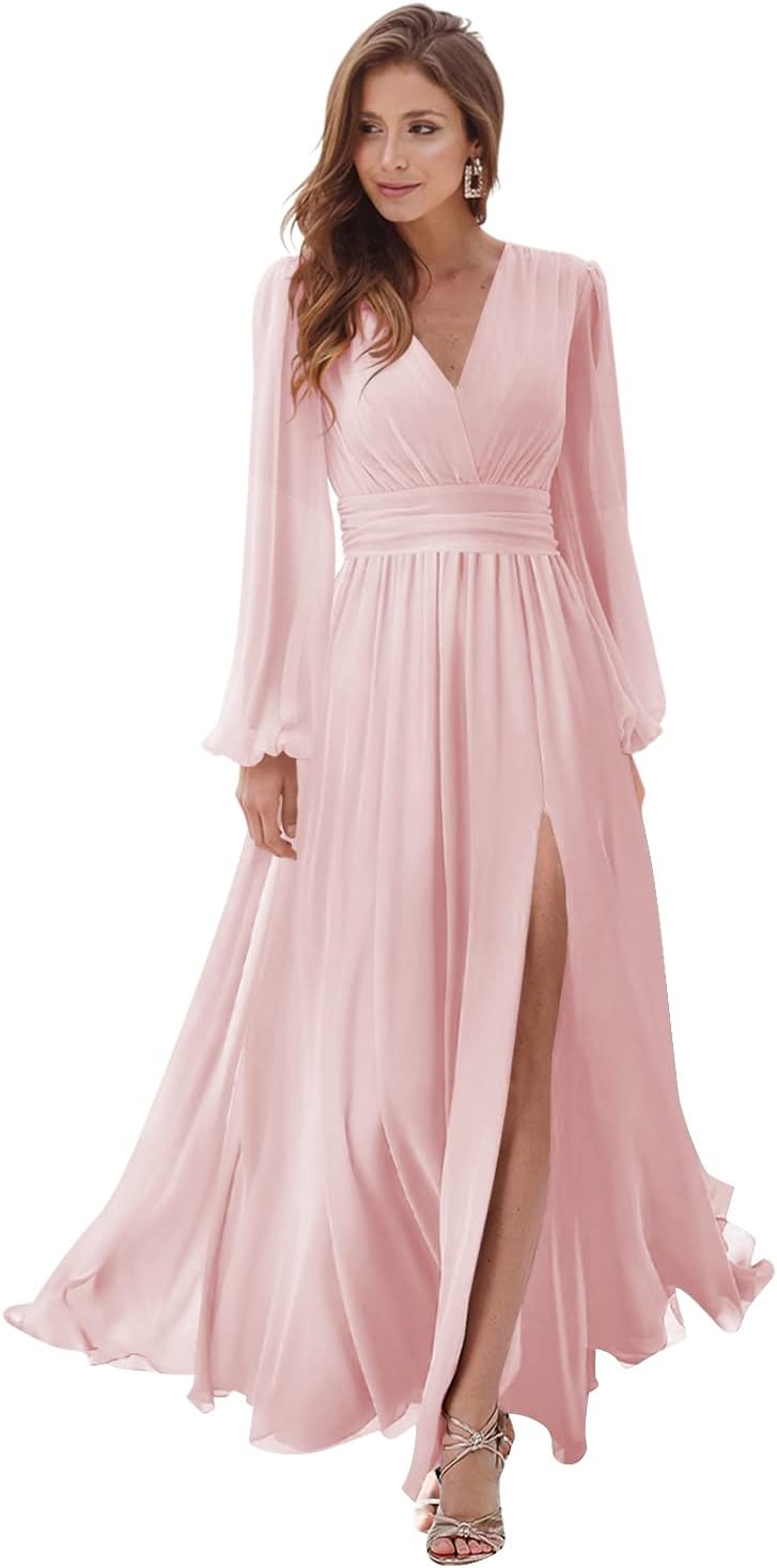 Women's Long Sleeve Bridesmaid Dresses with Slit V Neck A Line Chiffon Formal Evening Gowns with Pockets Mother of the Bride Gowns