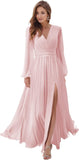 Women's Long Sleeve Bridesmaid Dresses with Slit V Neck A Line Chiffon Formal Evening Gowns with Pockets Mother of the Bride Gowns