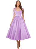 Satin Prom Dresses for Women Spaghetti Straps Corset A-Line Ball Formal Gowns Tea Length with Pockets
