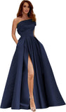 Women's One Shoulder Prom Dresses Long Satin Side Slit Formal Evening Gowns with Pockets