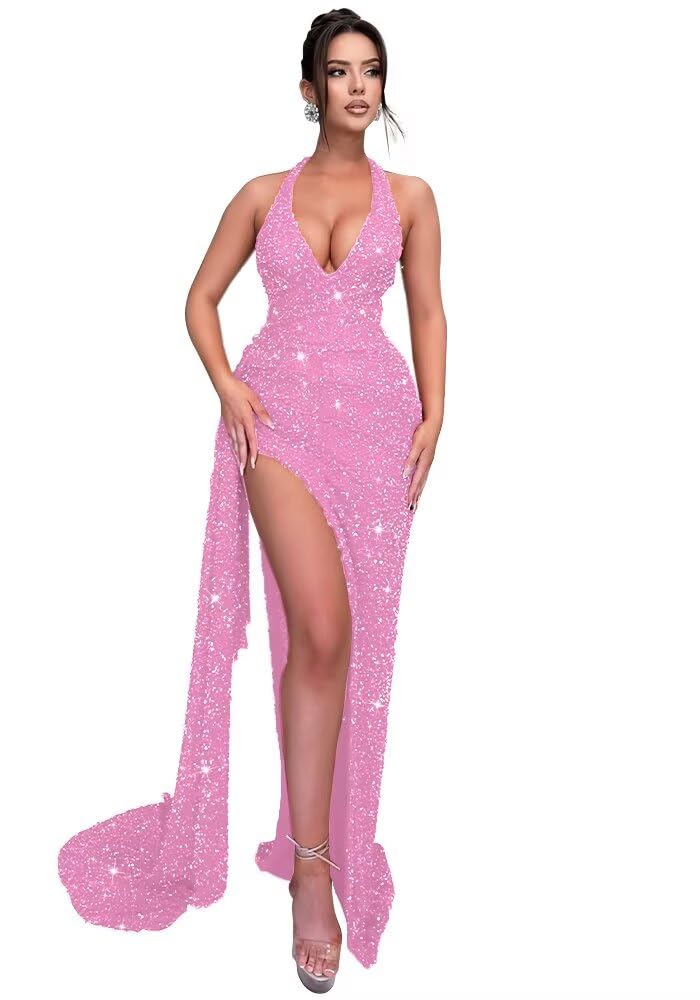 Sparkly Sequin Halter Prom Dresses for Women Mermaid Formal Dress with Slit Backless Ruched Evening Party Gowns