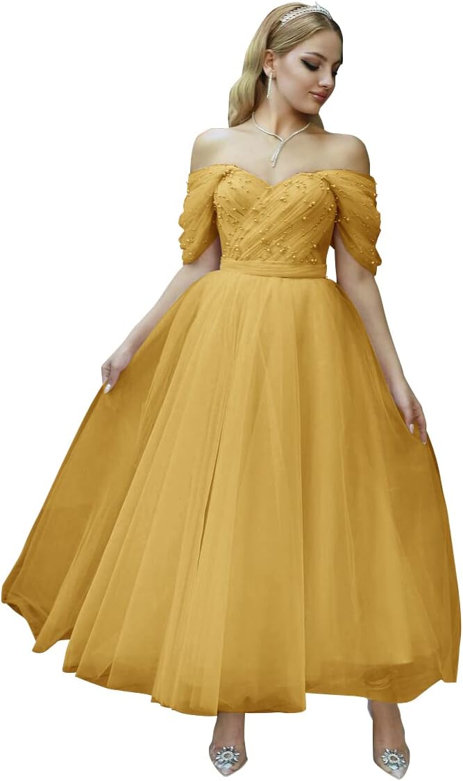 Tulle Tea Length Prom Dresses for Women Off The Shoulder Ball Gowns Teens Sweetheart Beaded Puffy Princess Dress